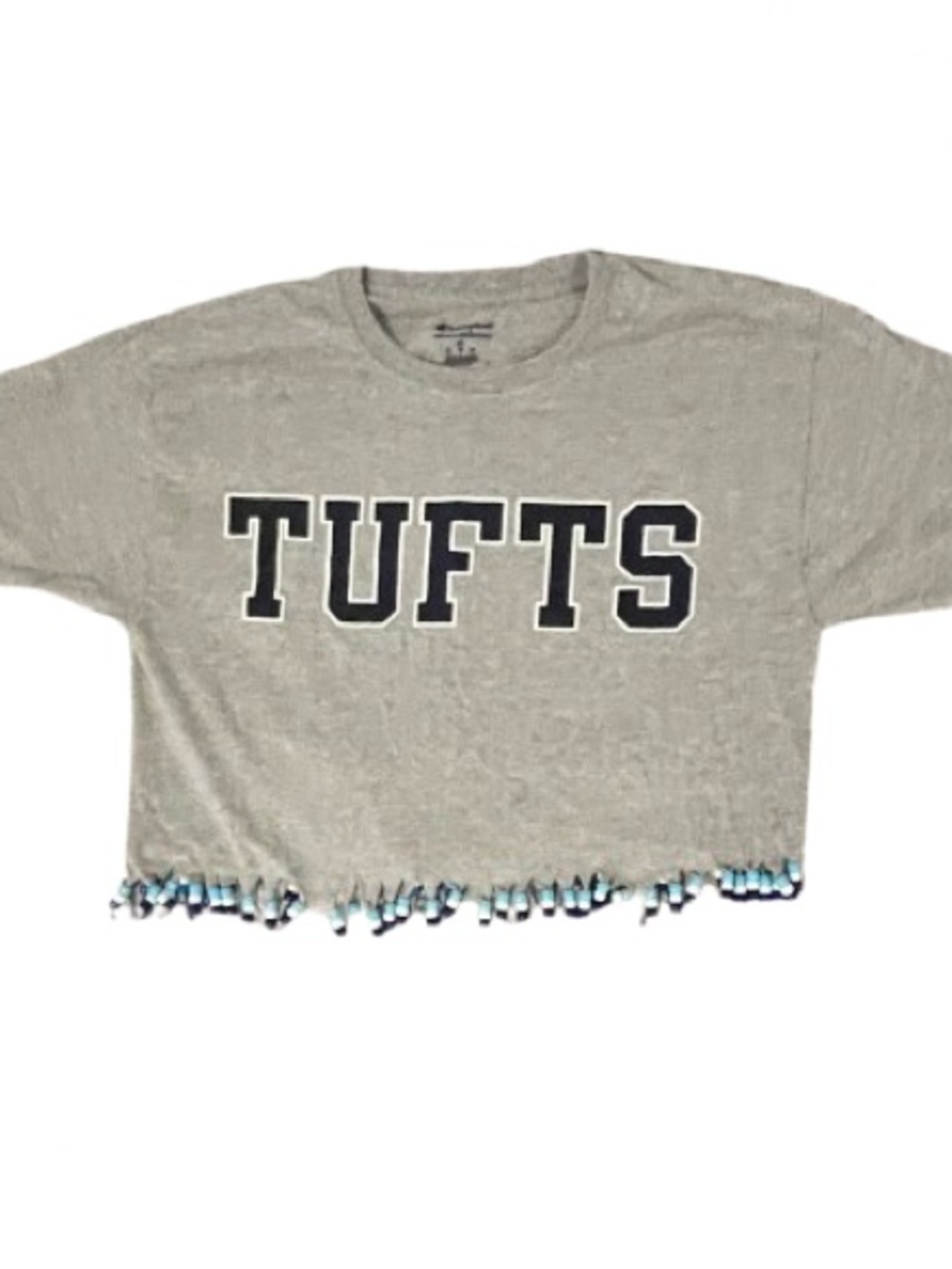 Tufts University Champion Grey Cropped Tee with Beaded Fringe. Size: Medium